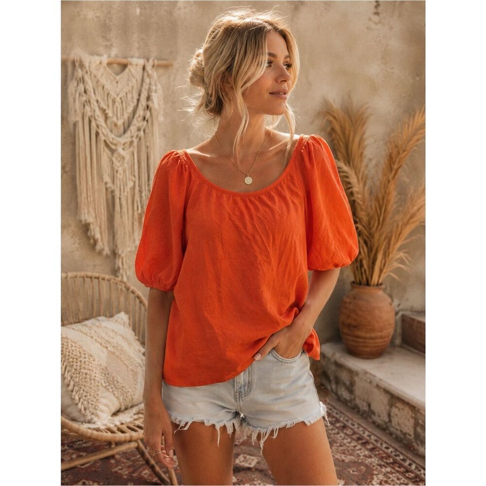 Anthropologie Flying Tomato Orange Puff Sleeve Blouse Boho Aesthetic